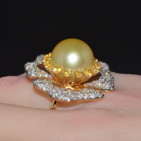 CERTIFIED NATURAL 26CTS VS F DIAMOND 15MM SOUTH SEA PEARL SAPPHIRE 18K GOLD RING - Picture 3 of 14